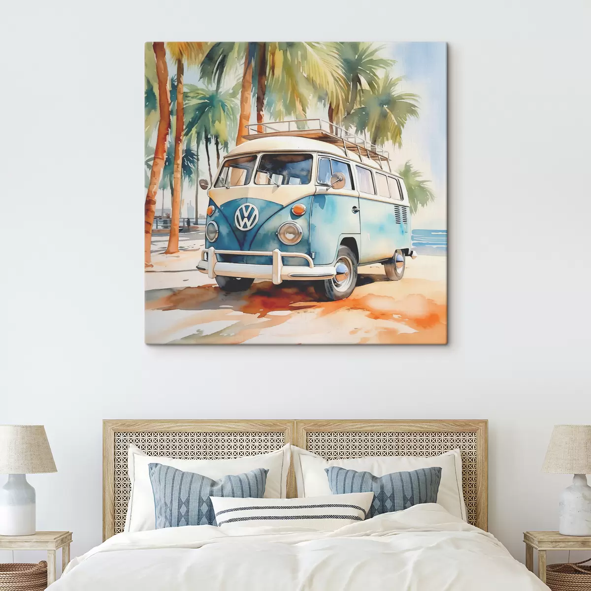 Glezna Pludmalē uz palmu akvareļa fona ir novietota ceļojumu automašīna s38911
