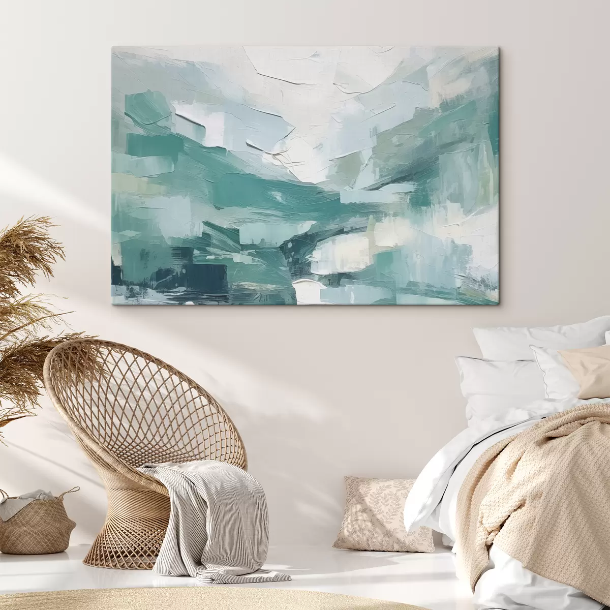 Glezna Zili baltu lielu triepienu abstrakcija, eļļas gleznas imitācija, minimālisms s38915