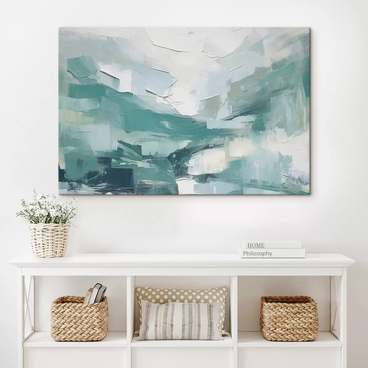 Glezna Zili baltu lielu triepienu abstrakcija, eļļas gleznas imitācija, minimālisms s38915