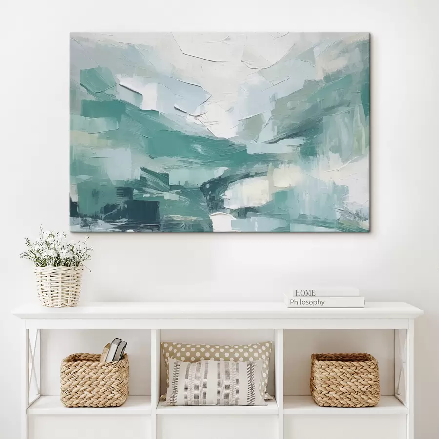 Glezna Zili baltu lielu triepienu abstrakcija, eļļas gleznas imitācija, minimālisms s38915