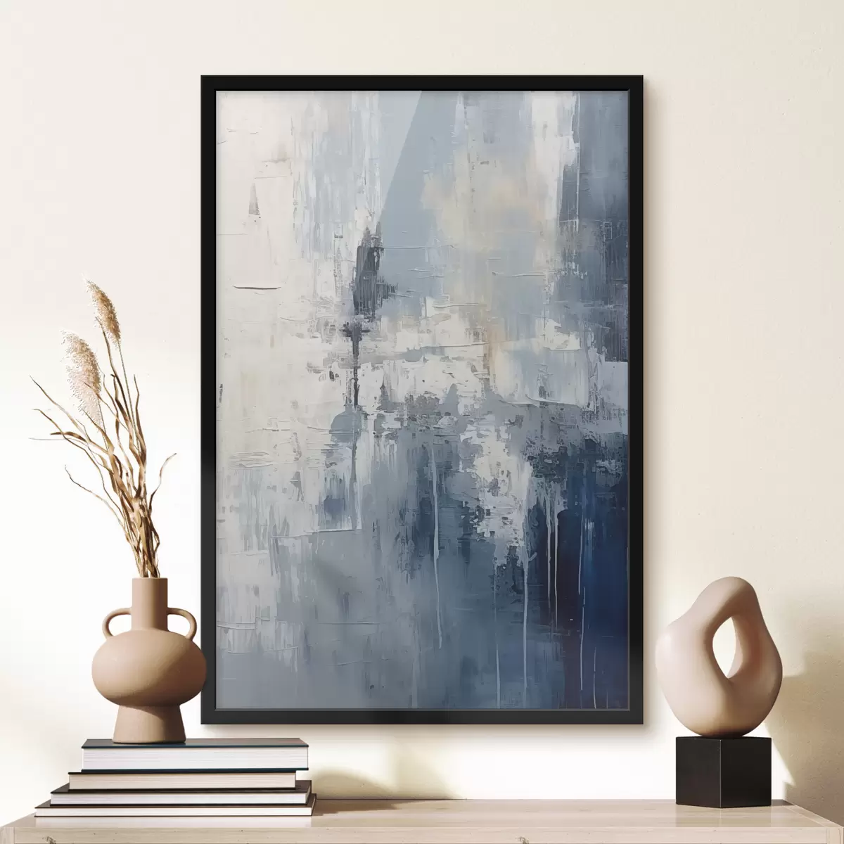 Plakāts Abstrakta minimālisma eļļas glezna, berzēta, ģeometriska, traipu, zilā un baltā krāsā f38906