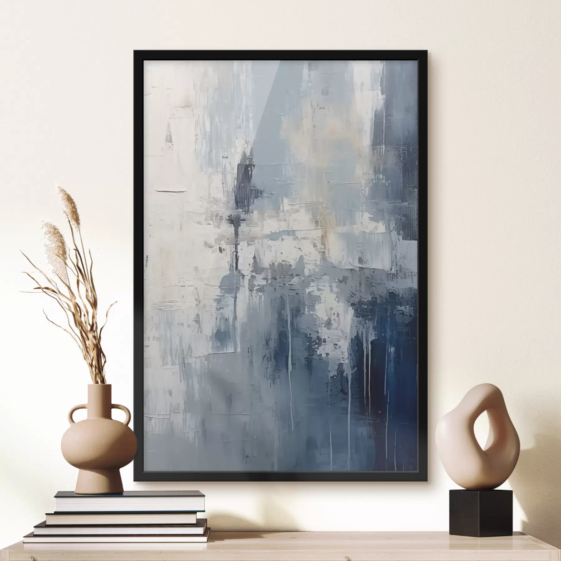 Glezna Abstrakta minimālisma eļļas glezna, berzēta, ģeometriska, traipu, zilā un baltā krāsā f38906