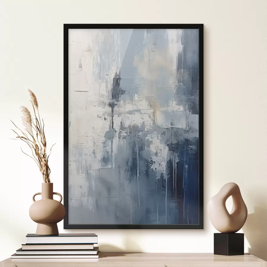 Fototapetes Abstrakta minimālisma eļļas glezna, berzēta, ģeometriska, traipu, zilā un baltā krāsā f38906