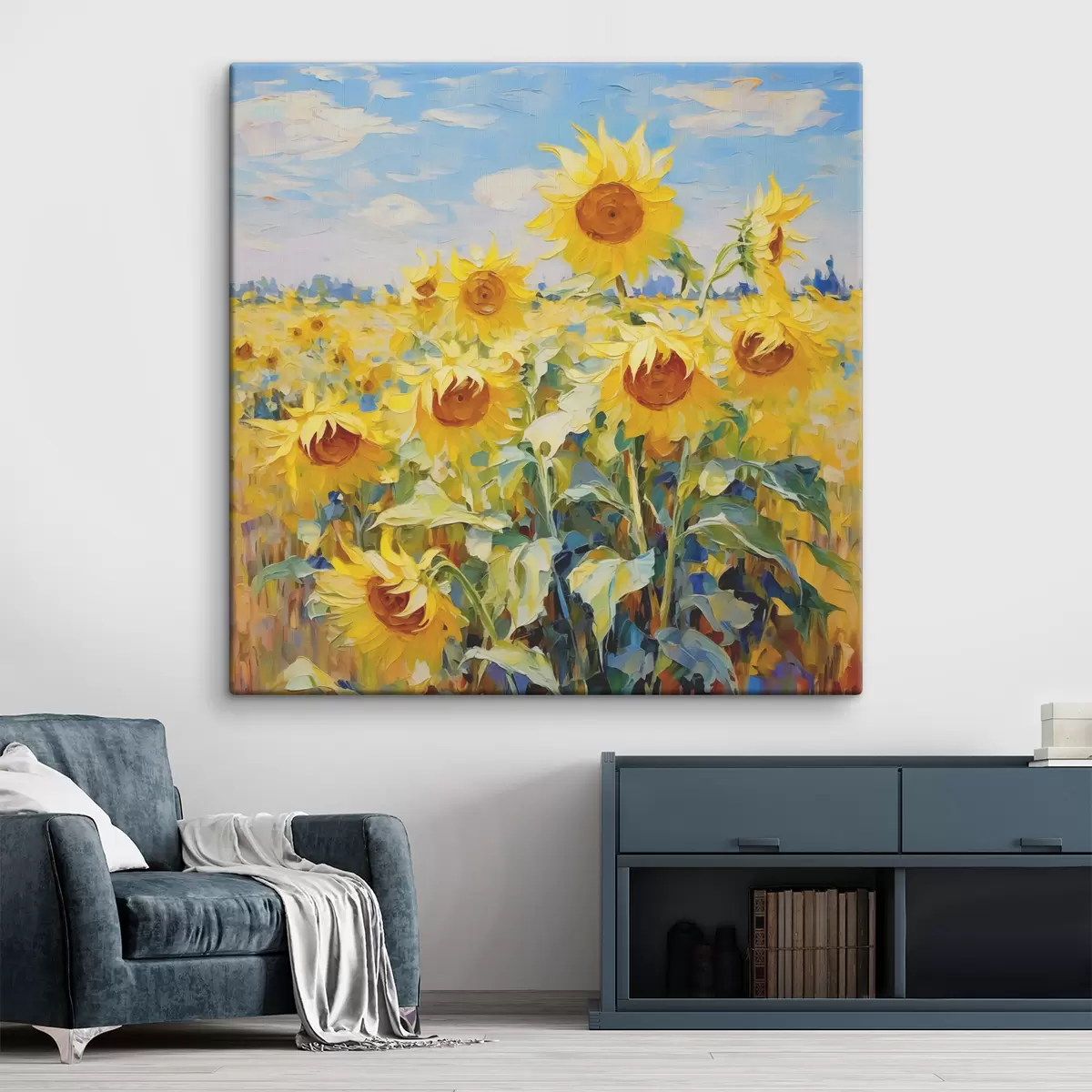 Glezna Saulespuķu eļļas gleznas lauks, dzeltenā un zilā krāsā s38953
