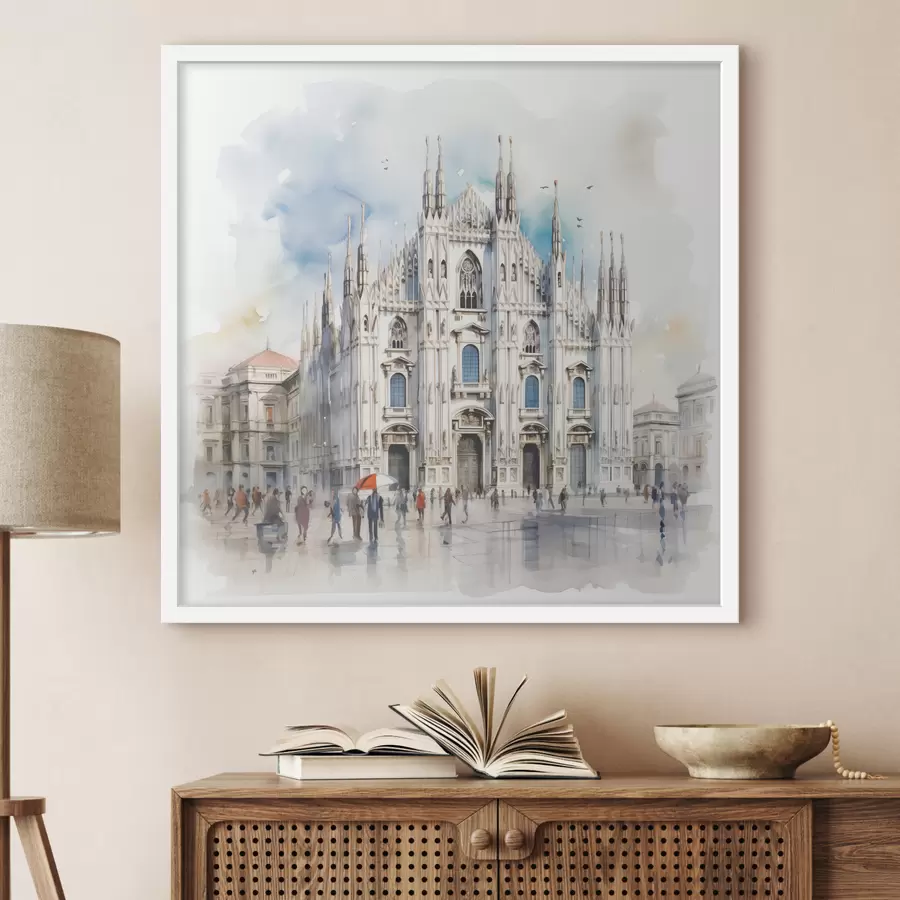 Fototapetes Milānas Duomo, arhitektūra, pilsēta, lietus, akvarelis, zils, pelēks, cilvēki pastaigas f38938