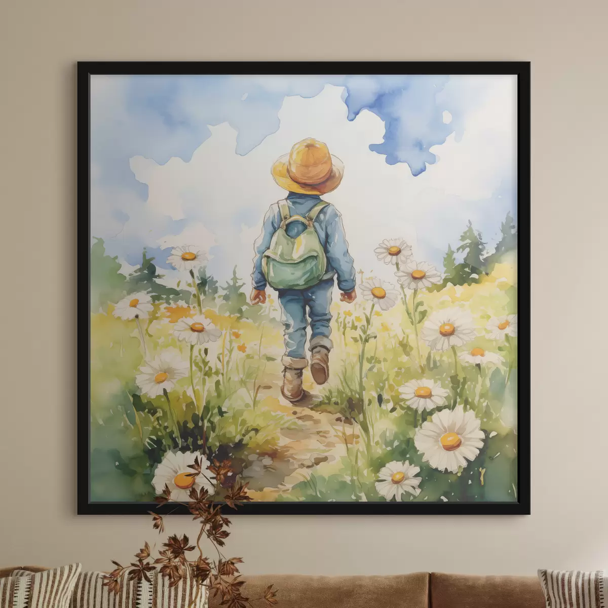 Plakāts Zēns kovboju cepurē ar zaļu mugursomu aiz muguras un zilu uzvalku iet pa taku kumelīšu laukā, akvarelis f38946