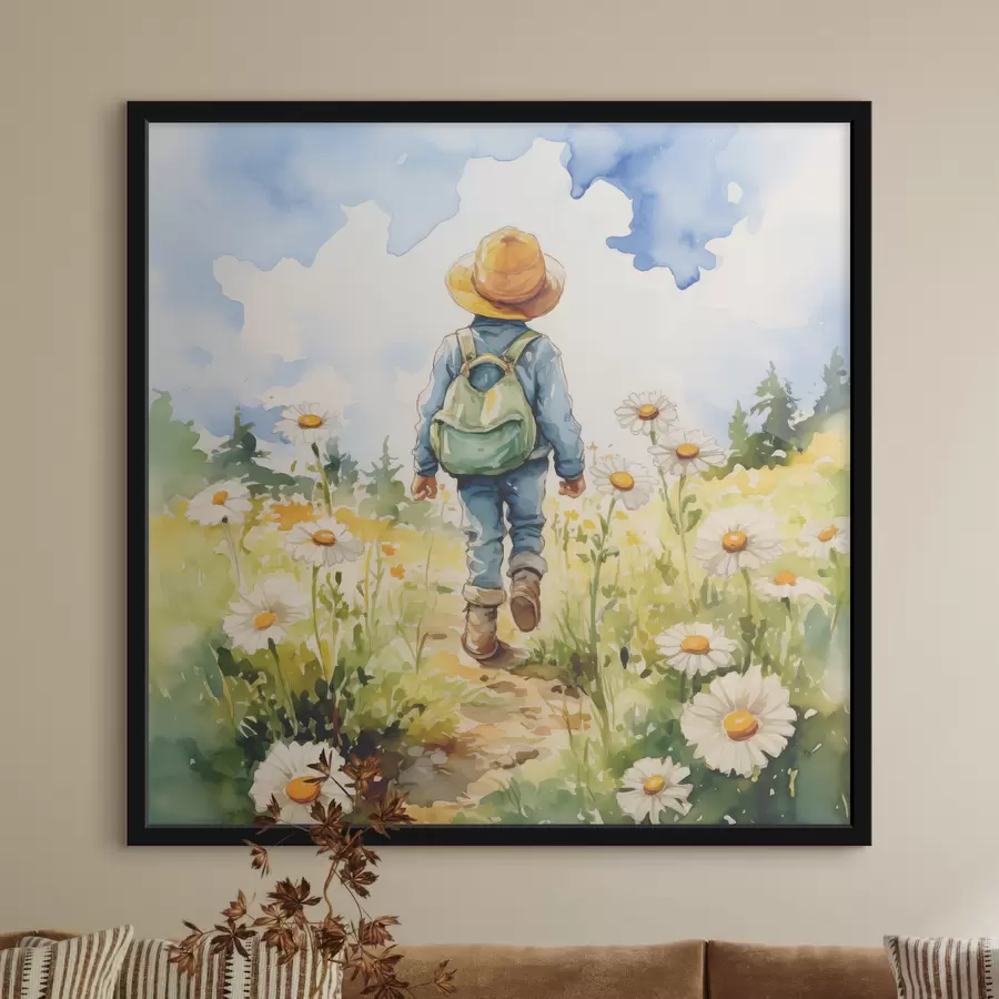 Fototapetes Zēns kovboju cepurē ar zaļu mugursomu aiz muguras un zilu uzvalku iet pa taku kumelīšu laukā, akvarelis f38946