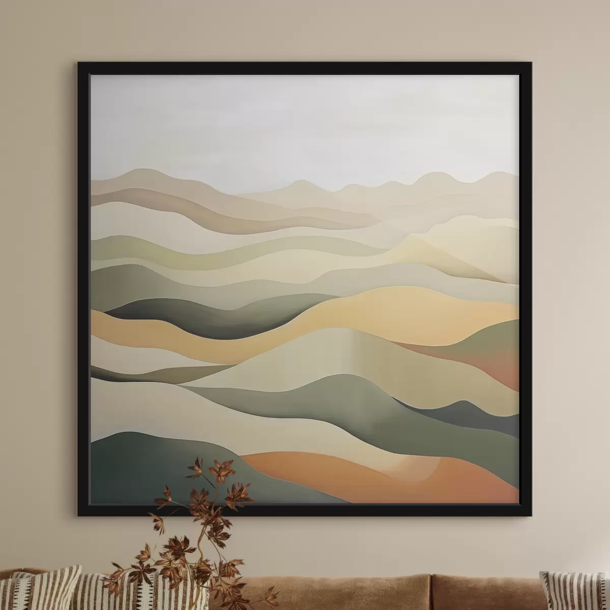 Plakāts Kalni, abstrakta ainava, guaša, zaļš, okera, sepija, pelēks f38952