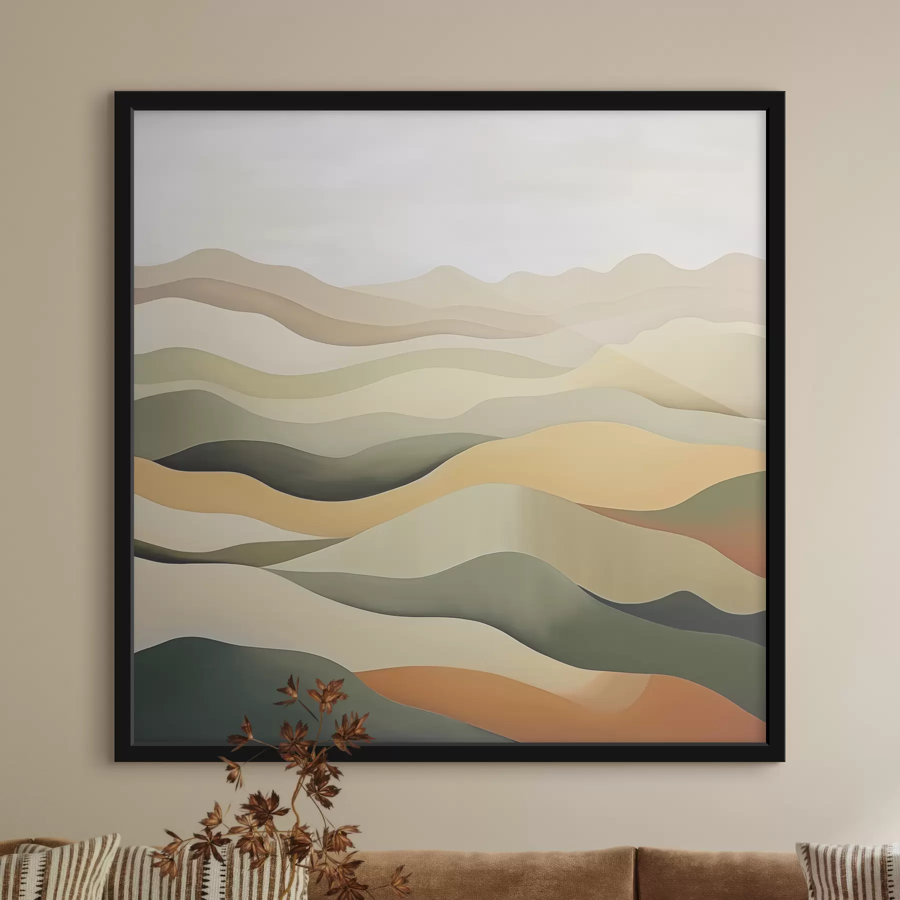 Glezna Kalni, abstrakta ainava, guaša, zaļš, okera, sepija, pelēks f38952