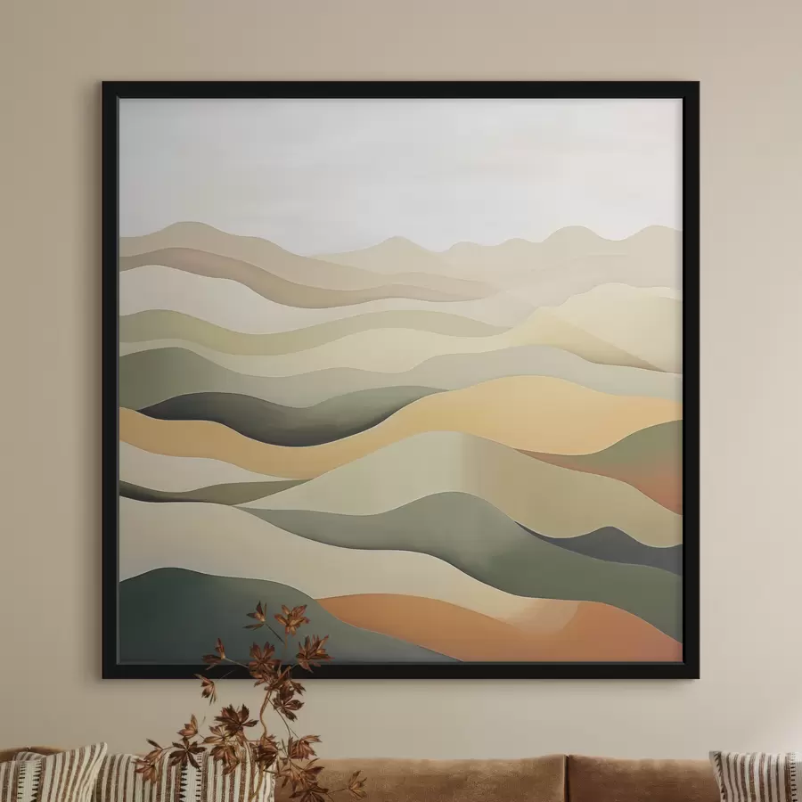 Fototapetes Kalni, abstrakta ainava, guaša, zaļš, okera, sepija, pelēks f38952