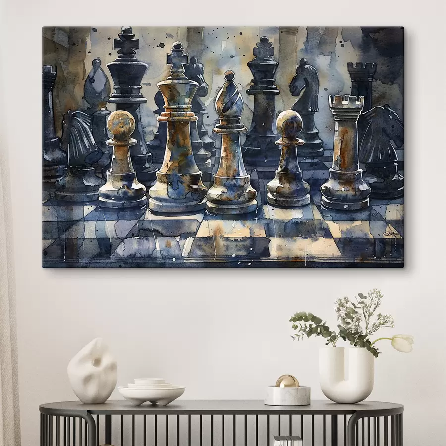 Glezna Akvareļglezna tuvplāna skats uz šahu, kas izgatavots no metāla vai akmens, ar detalizētiem dizainiem un faktūrām s38960