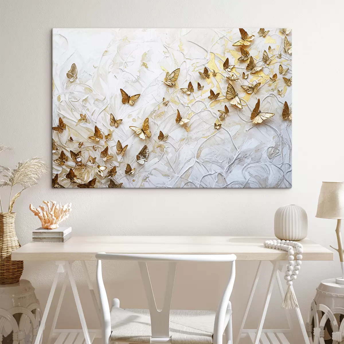 Glezna Liela grupa tauriņu uz balta fona, veidojot skaistu un sarežģītu rakstu s38970