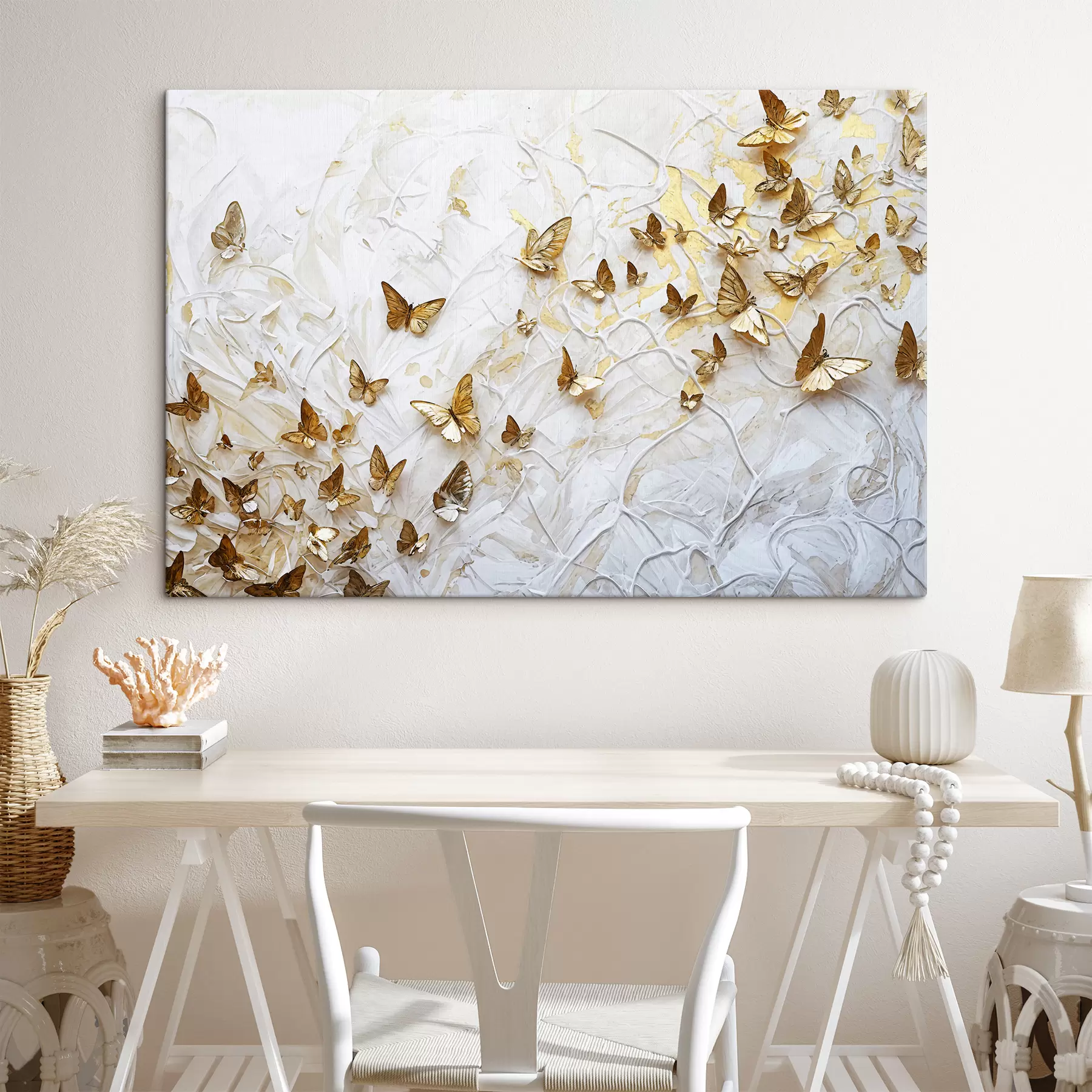 Glezna Liela grupa tauriņu uz balta fona, veidojot skaistu un sarežģītu rakstu s38970