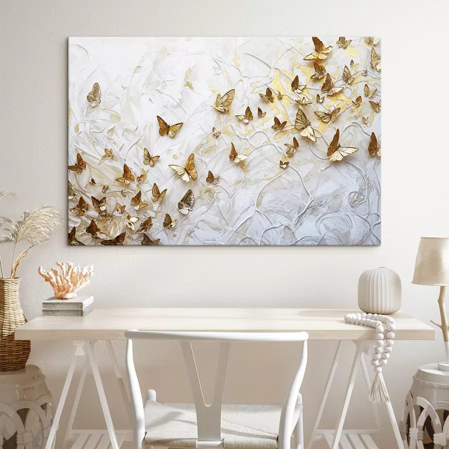 Glezna Liela grupa tauriņu uz balta fona, veidojot skaistu un sarežģītu rakstu s38970