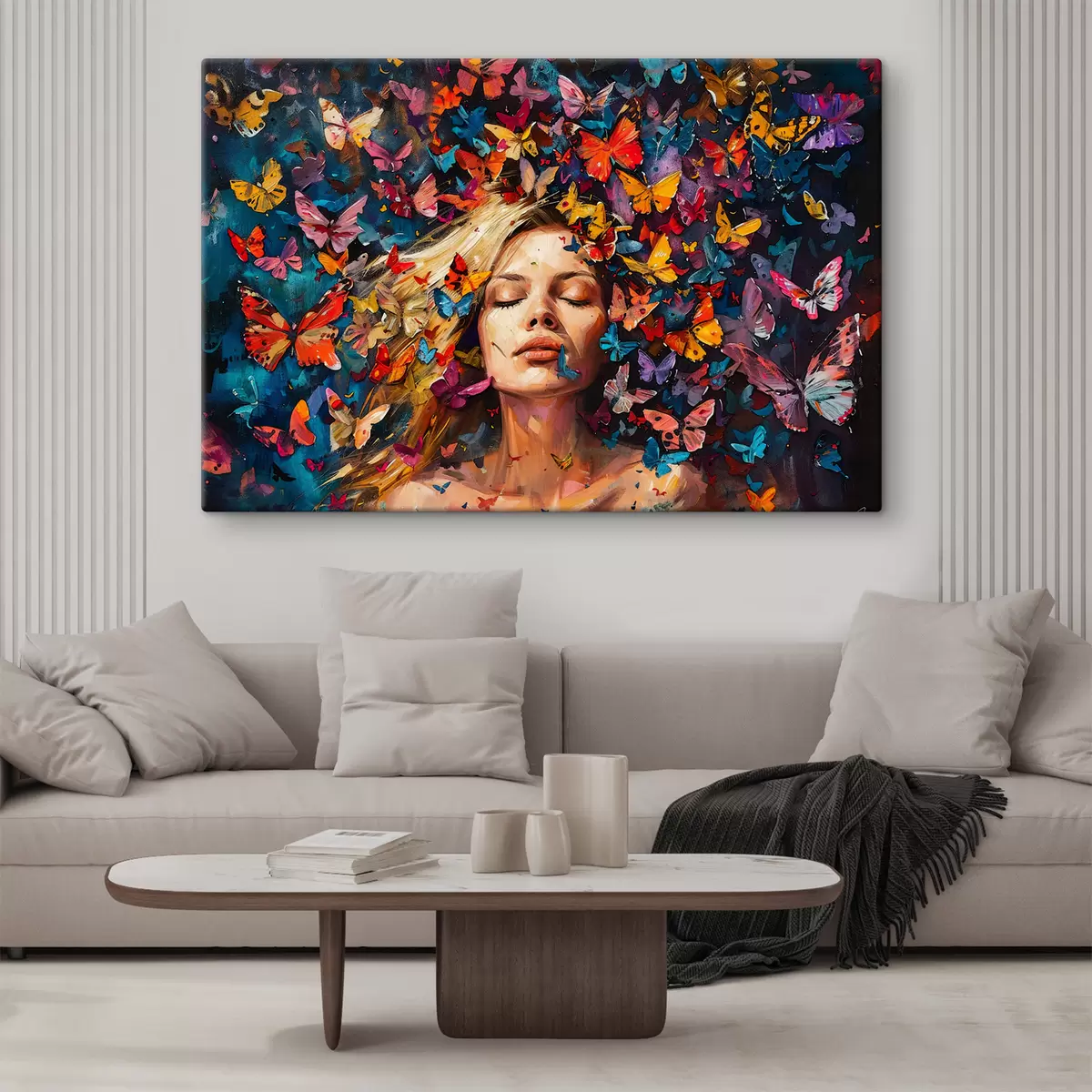 Glezna Eļļas glezna ar jaunu sievieti, kuru ieskauj krāsainu tauriņu bars uz tumša fona s38972