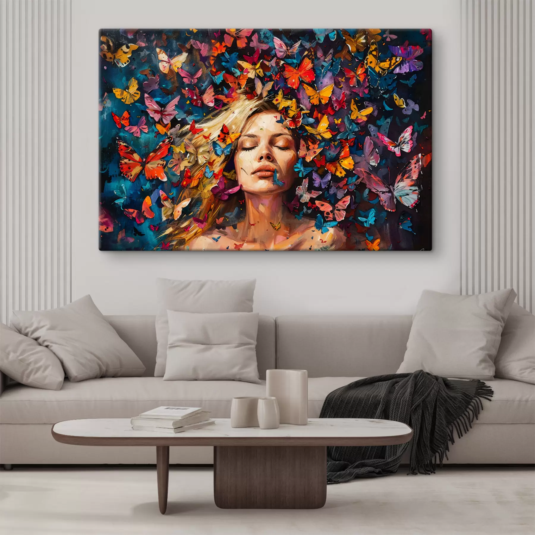 Glezna Eļļas glezna ar jaunu sievieti, kuru ieskauj krāsainu tauriņu bars uz tumša fona s38972