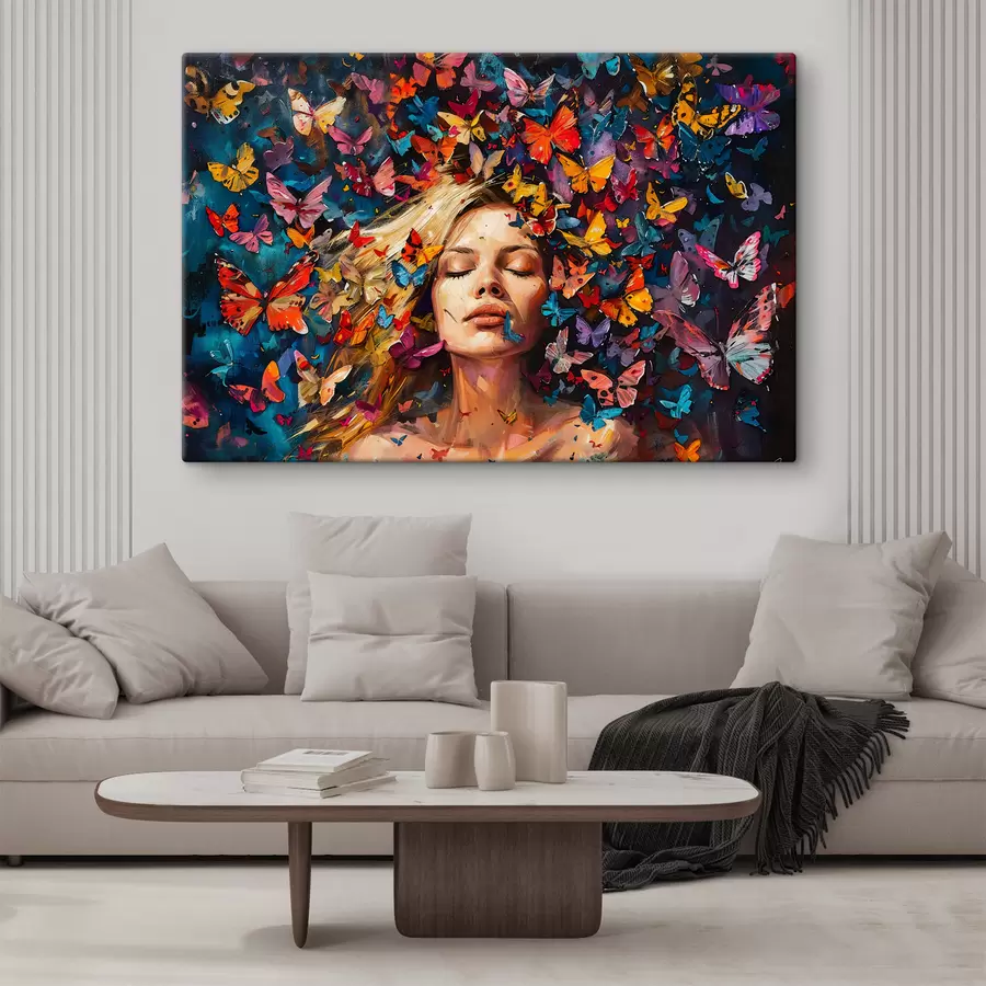 Glezna Eļļas glezna ar jaunu sievieti, kuru ieskauj krāsainu tauriņu bars uz tumša fona s38972