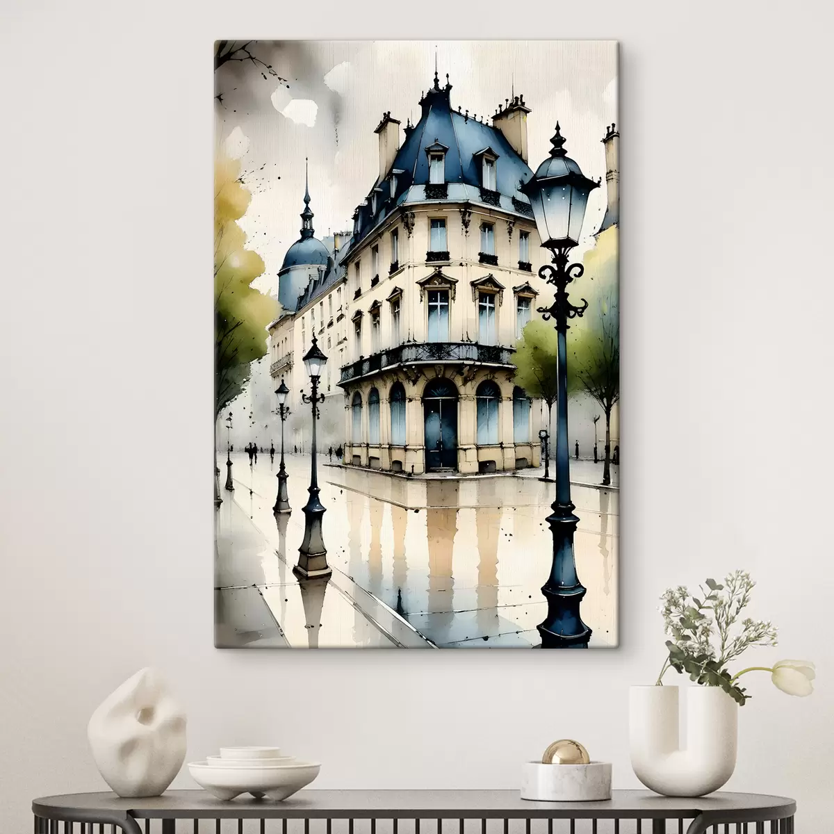 Glezna Vēsturiskas ēkas akvareļglezna ar izliektu fasādi un dekoratīviem arhitektūras elementiem s38975