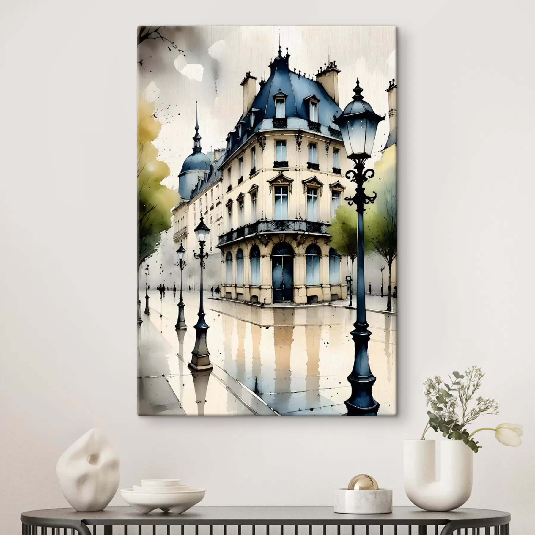 Fototapetes Vēsturiskas ēkas akvareļglezna ar izliektu fasādi un dekoratīviem arhitektūras elementiem s38975