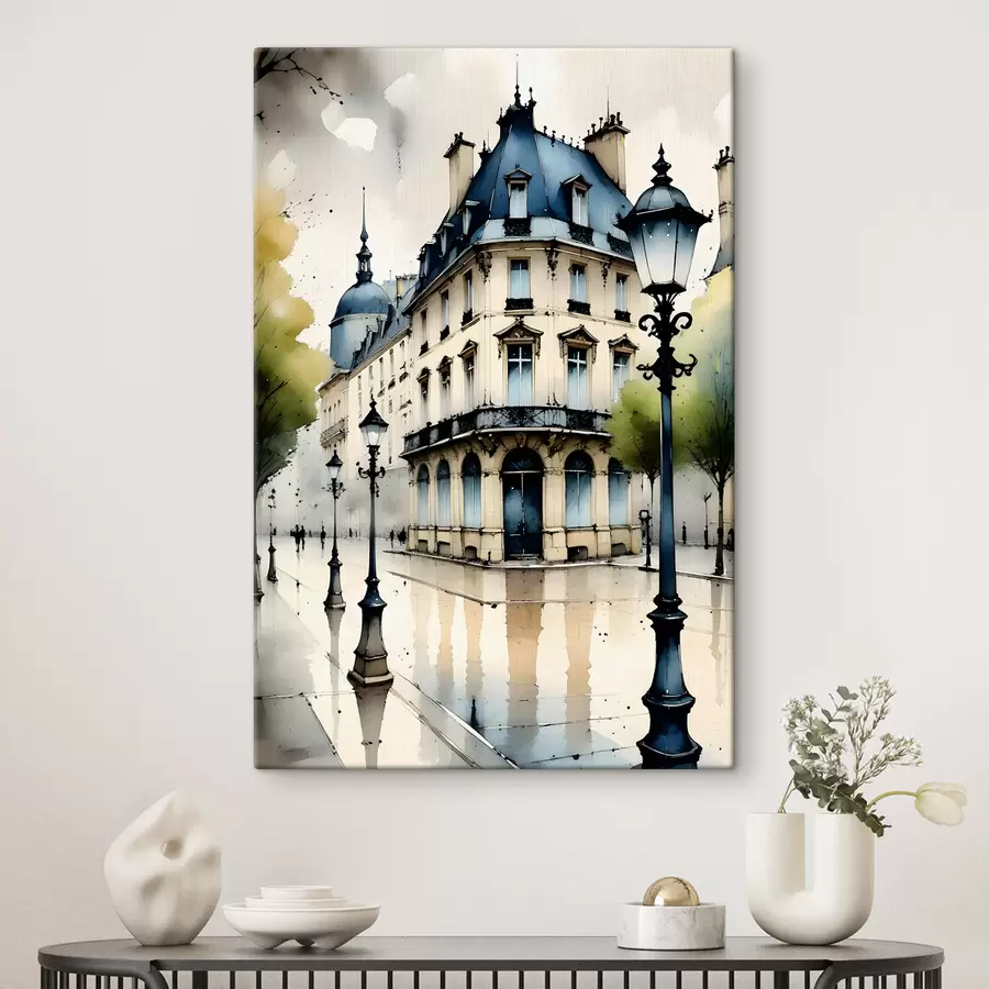Glezna Vēsturiskas ēkas akvareļglezna ar izliektu fasādi un dekoratīviem arhitektūras elementiem s38975