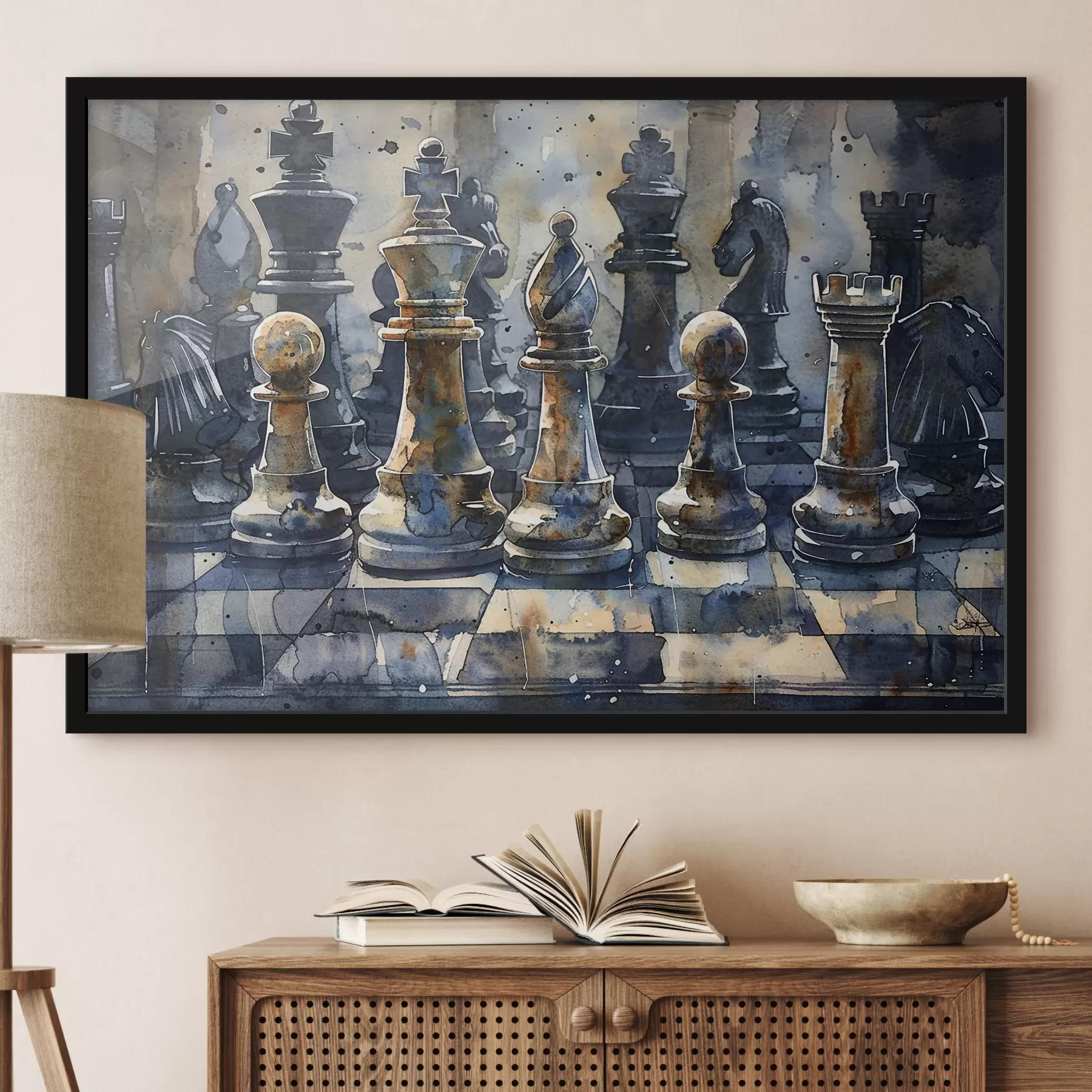 Glezna Akvareļglezna tuvplāna skats uz šahu, kas izgatavots no metāla vai akmens, ar detalizētiem dizainiem un faktūrām f38960