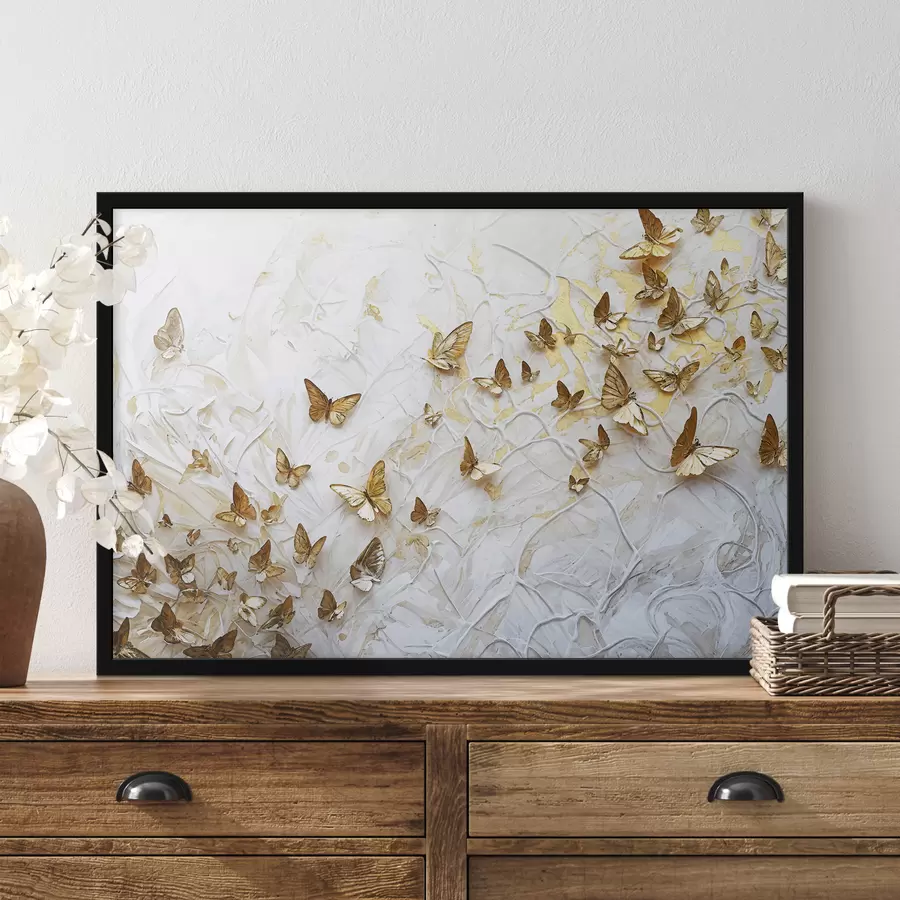 Glezna Liela grupa tauriņu uz balta fona, veidojot skaistu un sarežģītu rakstu f38970