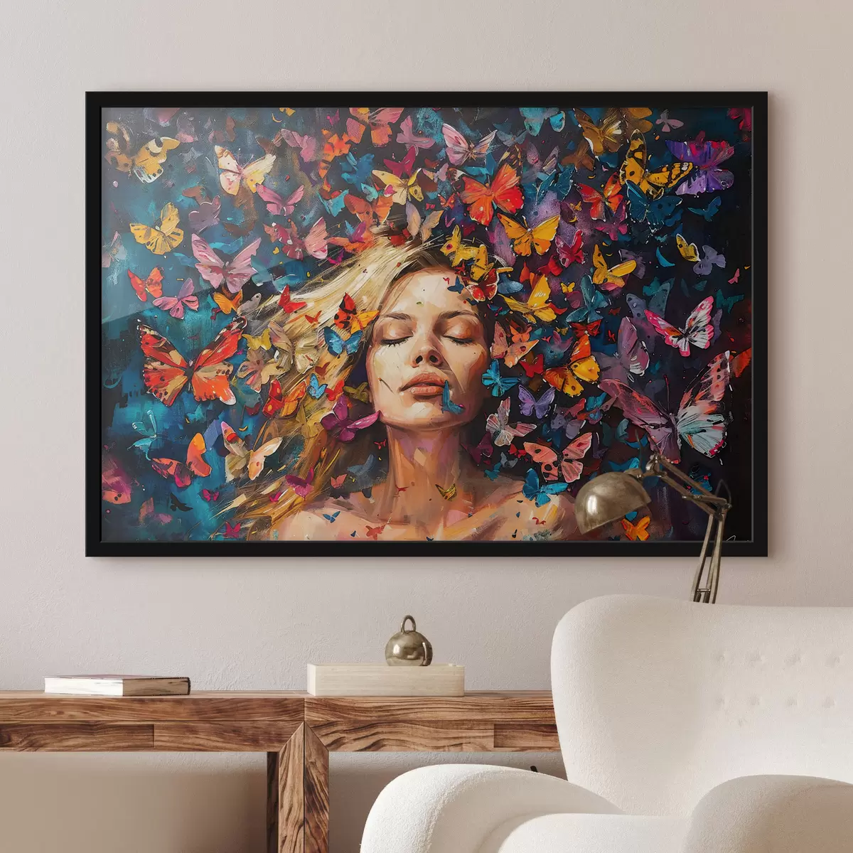 Plakāts Eļļas glezna ar jaunu sievieti, kuru ieskauj krāsainu tauriņu bars uz tumša fona f38972