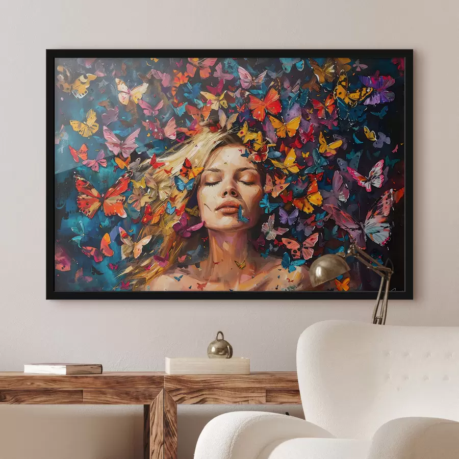 Fototapetes Eļļas glezna ar jaunu sievieti, kuru ieskauj krāsainu tauriņu bars uz tumša fona f38972