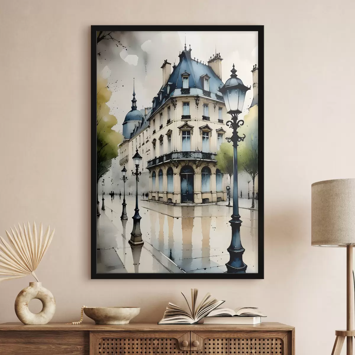 Plakāts Vēsturiskas ēkas akvareļglezna ar izliektu fasādi un dekoratīviem arhitektūras elementiem f38975