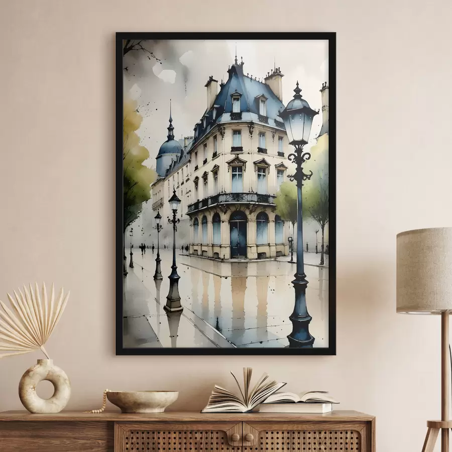 Fototapetes Vēsturiskas ēkas akvareļglezna ar izliektu fasādi un dekoratīviem arhitektūras elementiem f38975