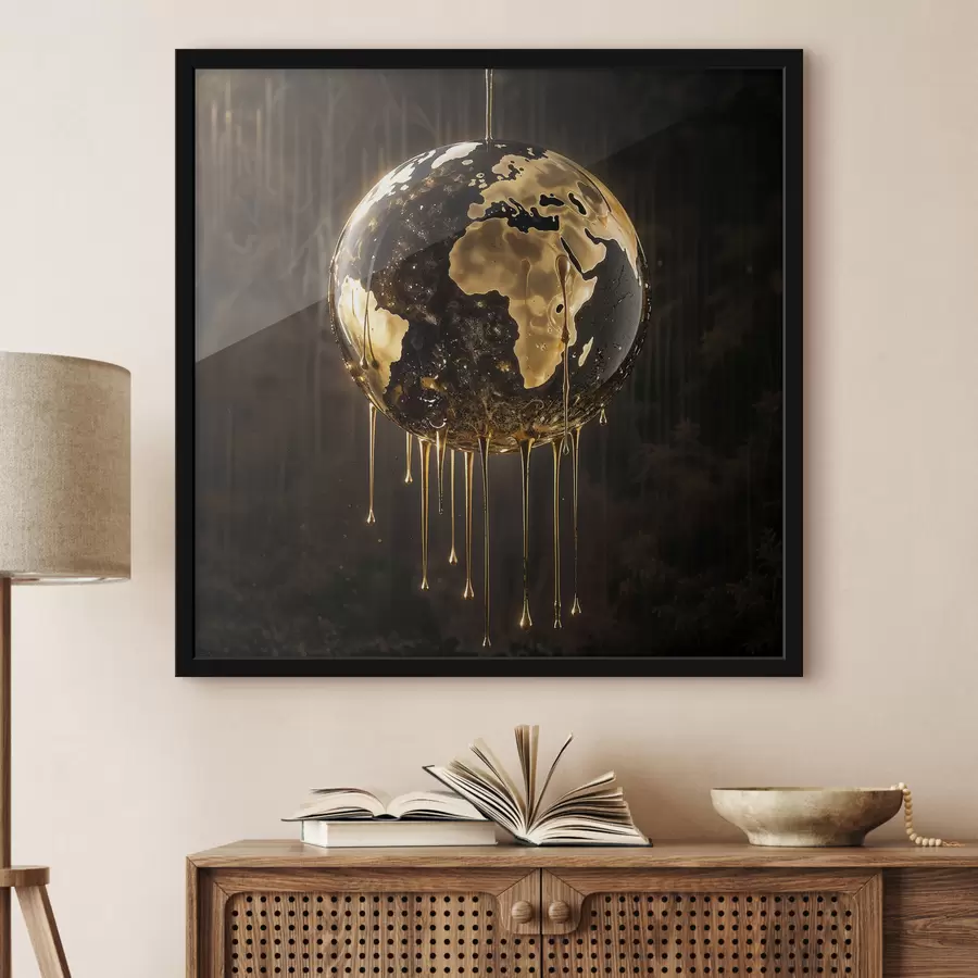 Fototapetes Kvēlojoša bumba, kurā attēlota Zeme, ko ieskauj pilošs šķidrums uz tumša fona f38983