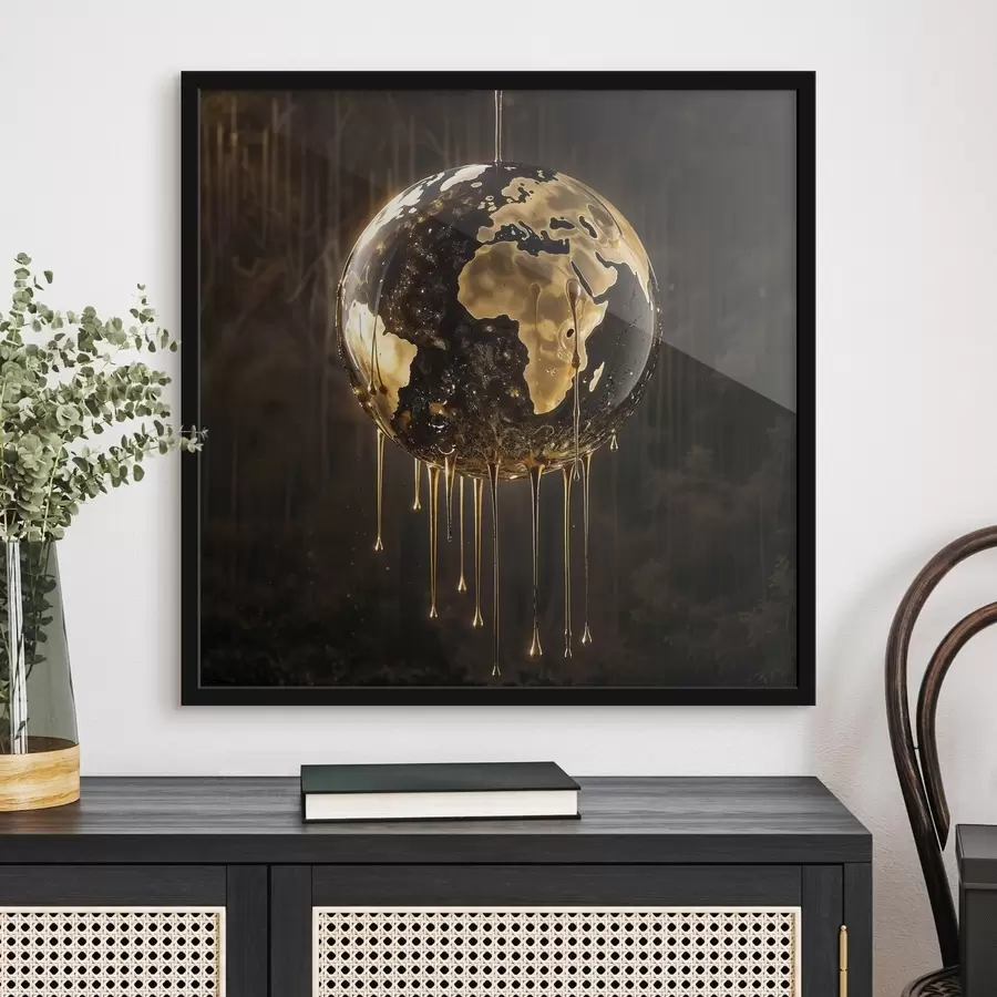 Fototapetes Kvēlojoša bumba, kurā attēlota Zeme, ko ieskauj pilošs šķidrums uz tumša fona f38983