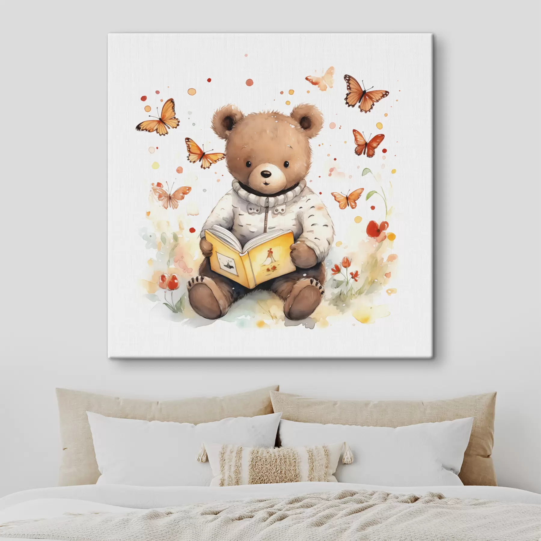 Fototapetes Brūnais lācēns džemperī lasa grāmatu, ko ieskauj akvareļu tauriņi s39025