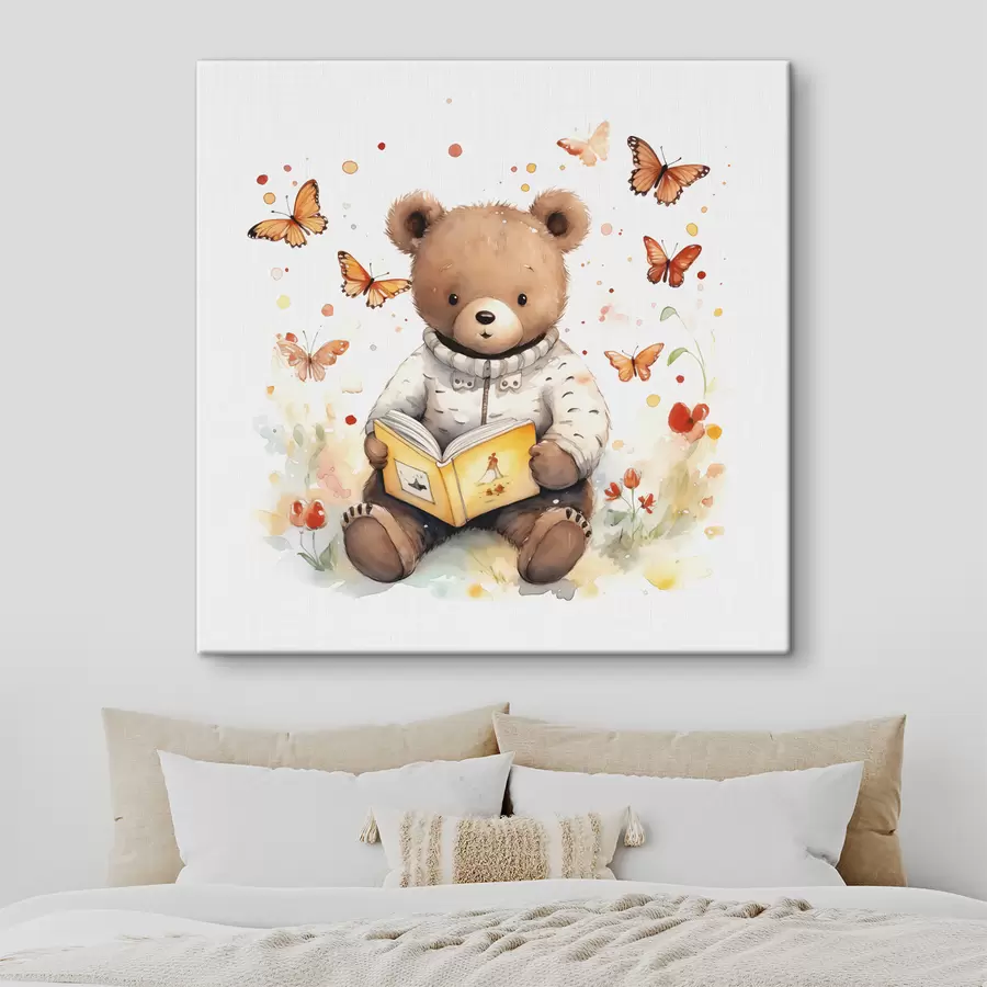 Glezna Brūnais lācēns džemperī lasa grāmatu, ko ieskauj akvareļu tauriņi s39025