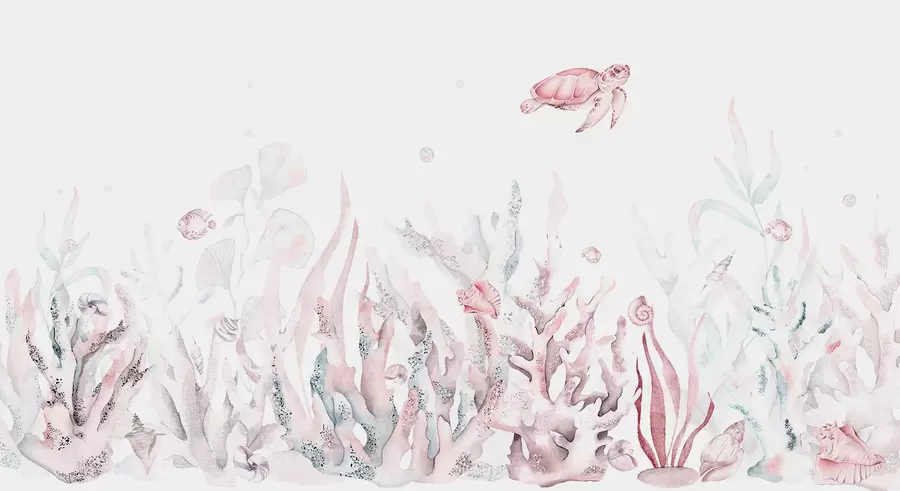 Fototapetes Akvareļu jūras koraļļi, gliemežvāki, bruņurupuči, jūras dzīvnieki, maigi rozā krāsas w00849v2