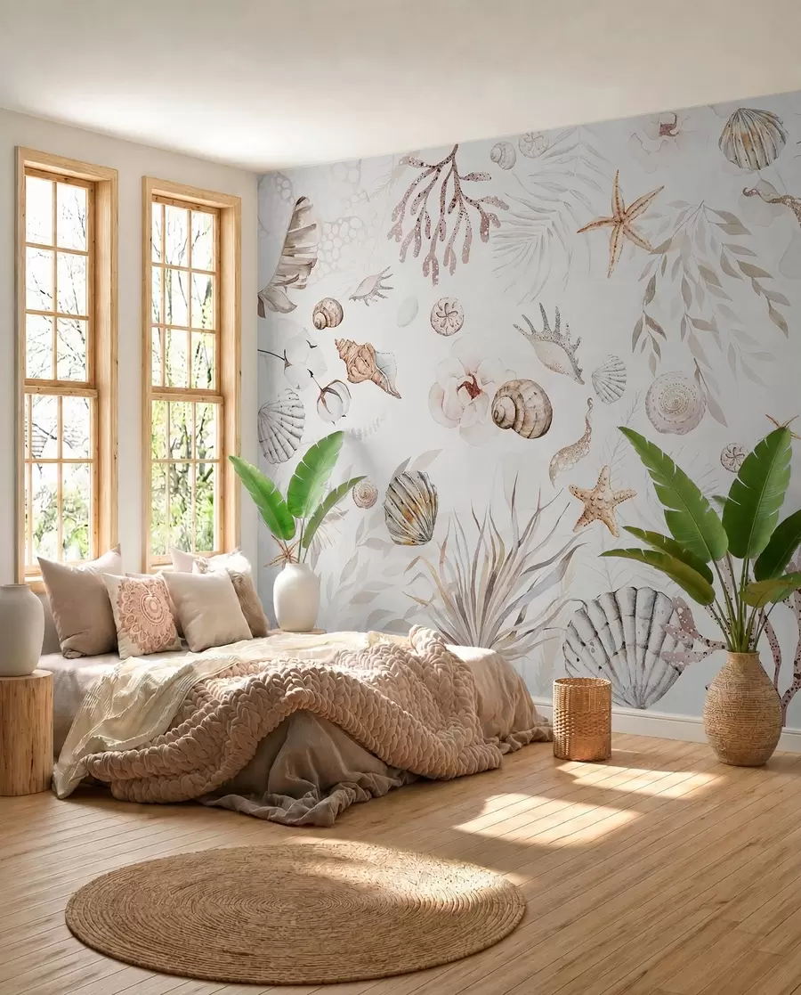 Fototapetes Akvareļu jūras raksts, boho stils, gliemežvāki, koraļļi, kokvilna, bēša krāsas w00851