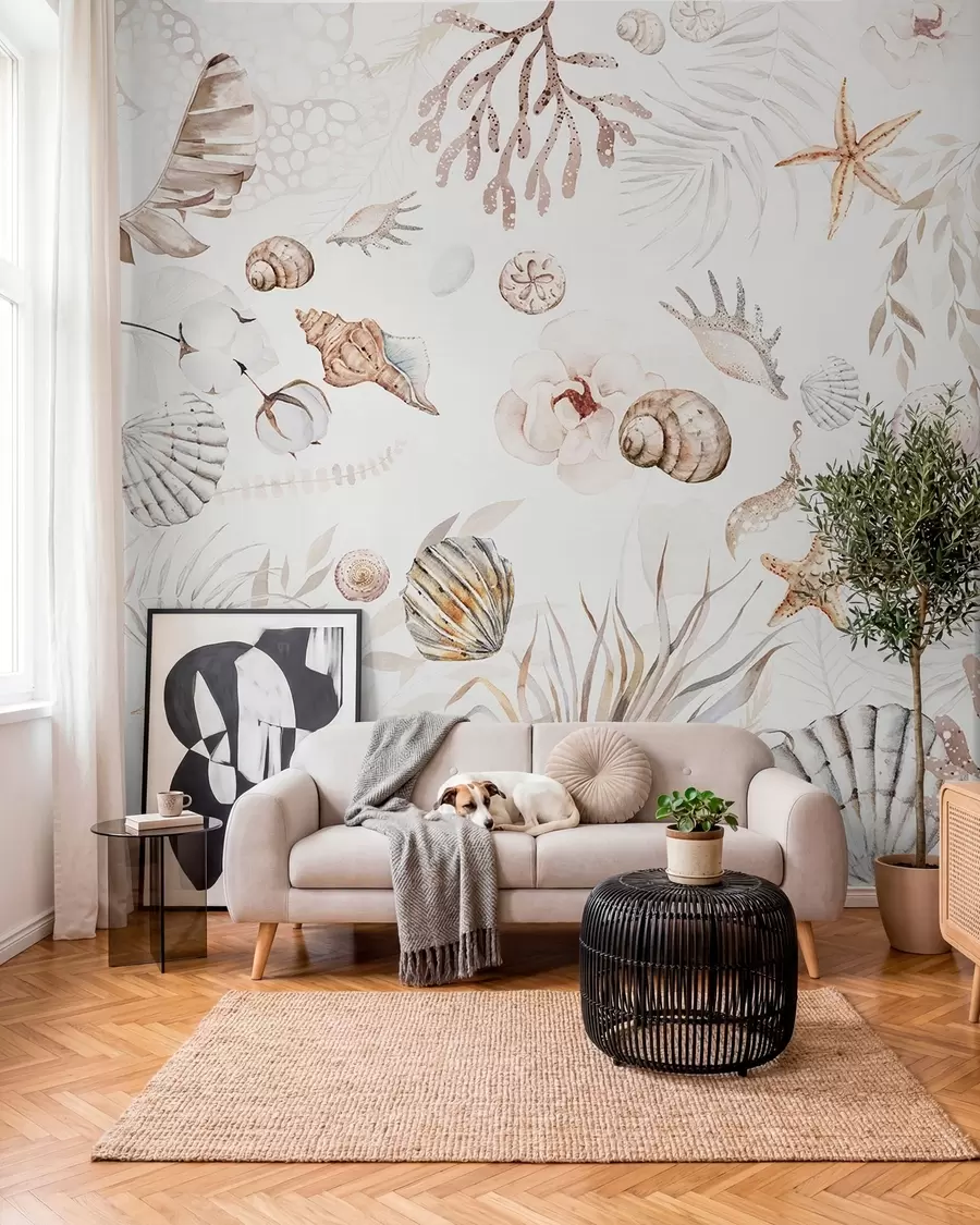 Fototapetes Akvareļu jūras raksts, boho stils, gliemežvāki, koraļļi, kokvilna, bēša krāsas w00851
