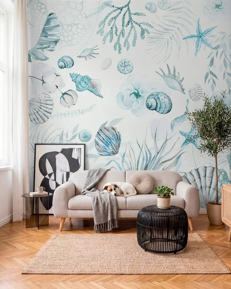 Fototapetes Akvareļu jūras raksts, boho stils, gliemežvāki, koraļļi, kokvilna, zilas krāsas w00851v1
