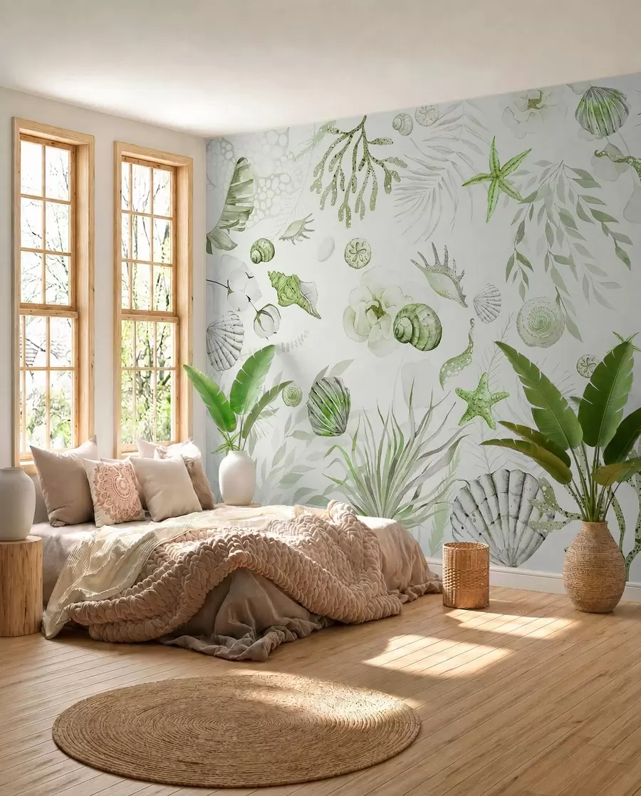 Fototapetes Akvareļu jūras raksts, boho stils, gliemežvāki, koraļļi, kokvilna, zaļas krāsas w00851v2