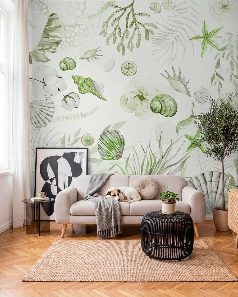 Fototapetes Akvareļu jūras raksts, boho stils, gliemežvāki, koraļļi, kokvilna, zaļas krāsas w00851v2