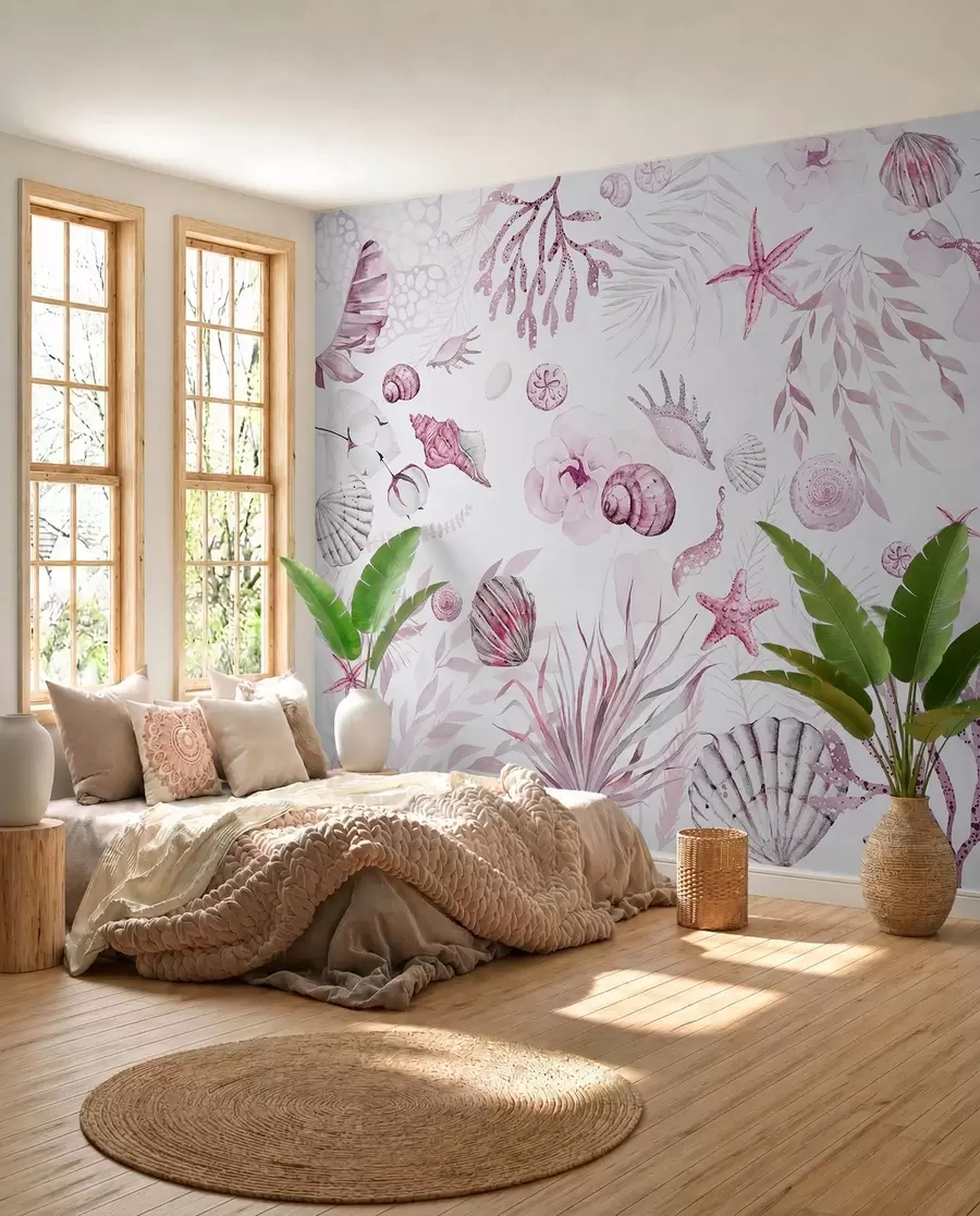 Fototapetes Akvareļu jūras raksts, boho stils, gliemežvāki, koraļļi, kokvilna, rozā krāsas w00851v3