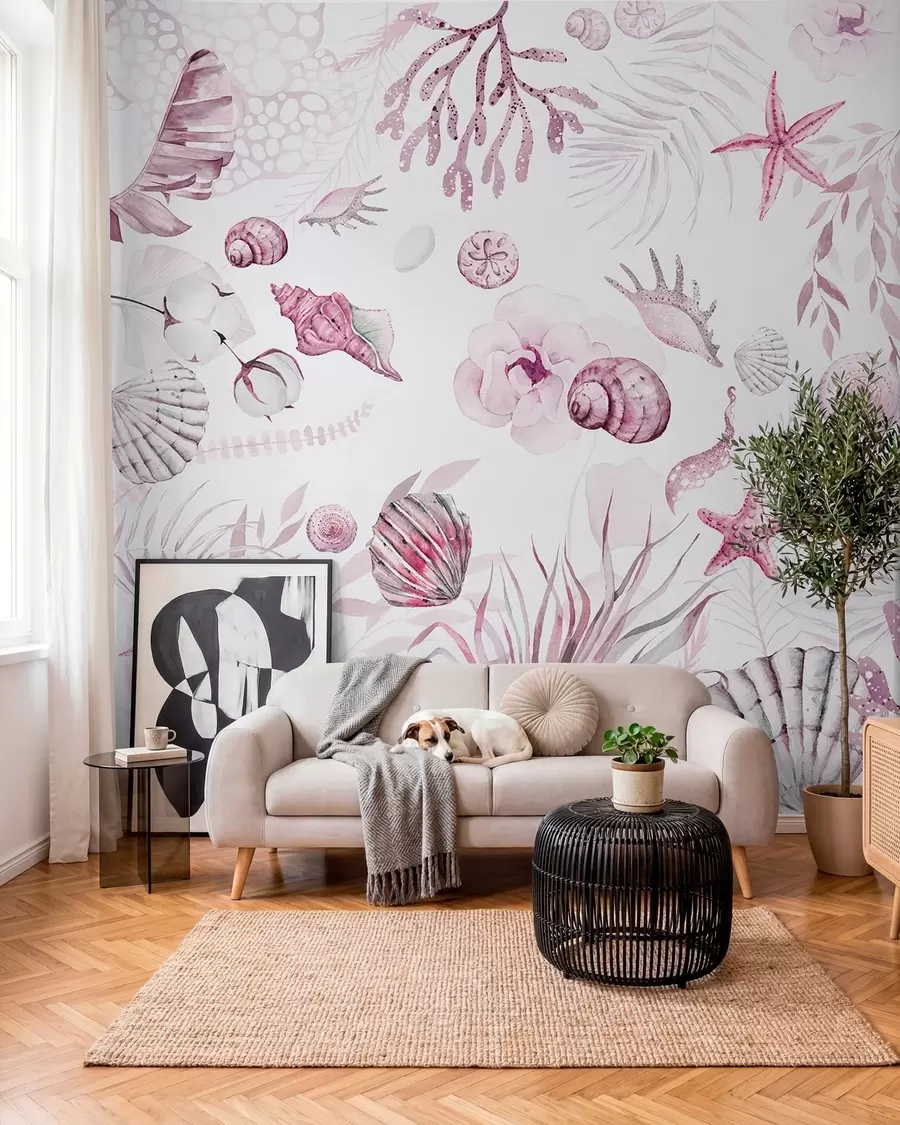 Fototapetes Akvareļu jūras raksts, boho stils, gliemežvāki, koraļļi, kokvilna, rozā krāsas w00851v3