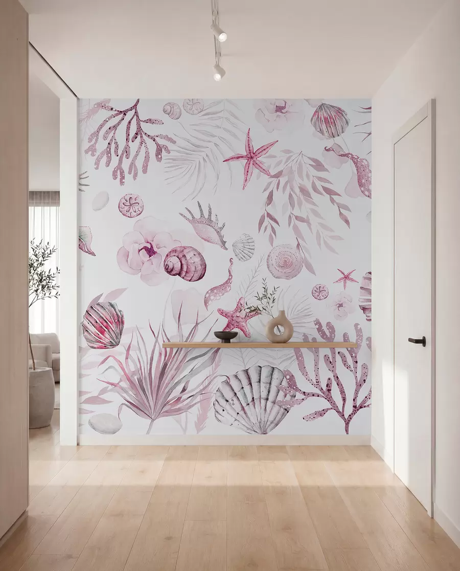 Fototapetes Akvareļu jūras raksts, boho stils, gliemežvāki, koraļļi, kokvilna, rozā krāsas w00851v3
