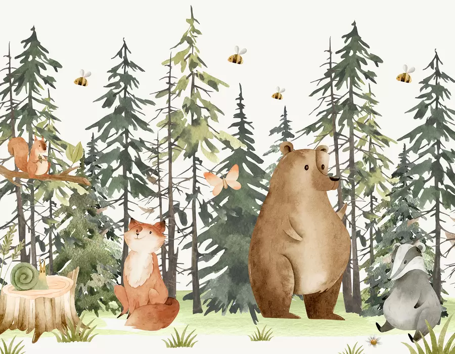 Fototapetes Meža aina ar dzīvniekiem un dažādām priedēm fonā w00905