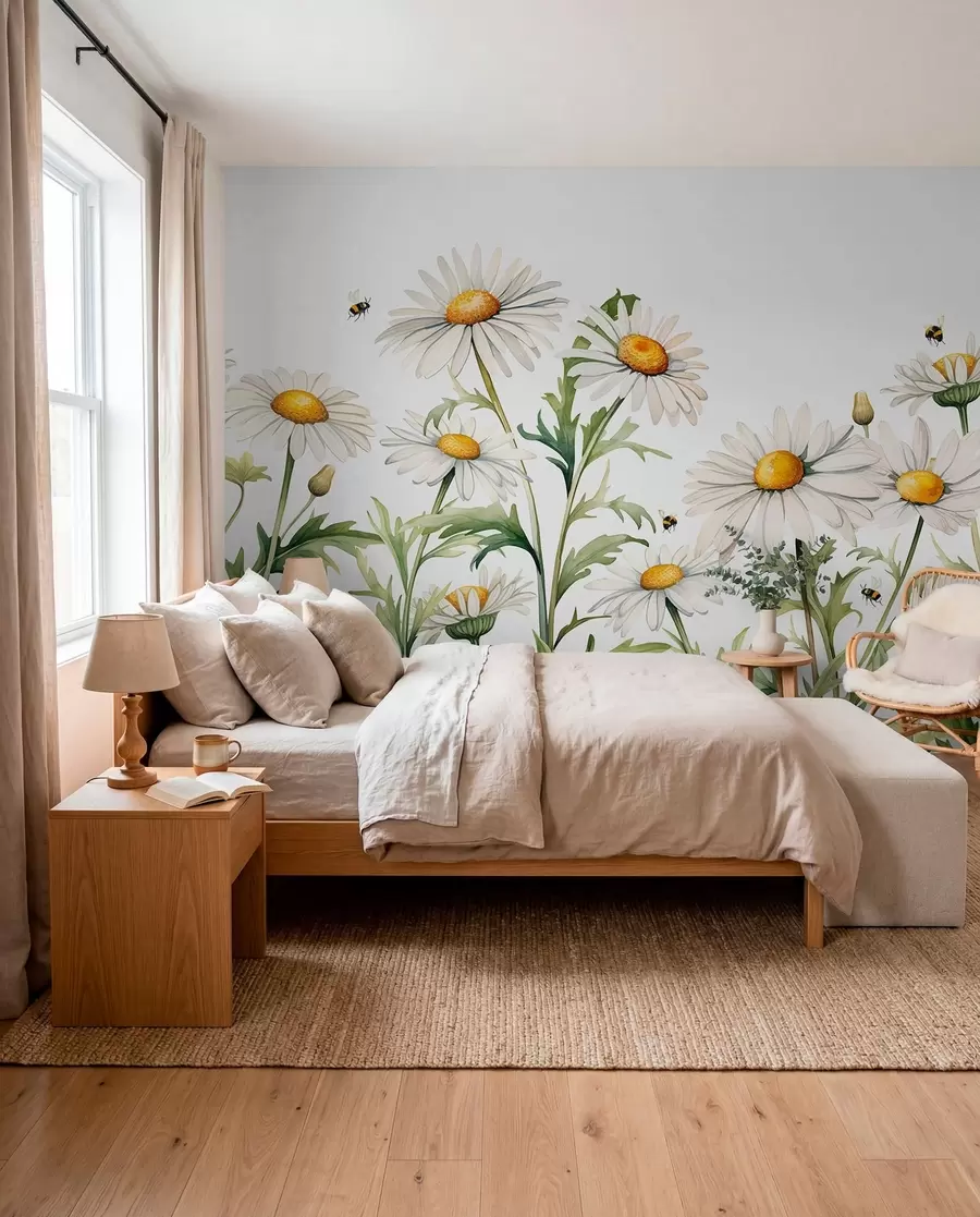Fototapetes Zied baltas margrietiņas, lido bites ar akvareļu augu ilustrāciju, zaļa, balta, dzeltena krāsa w01176