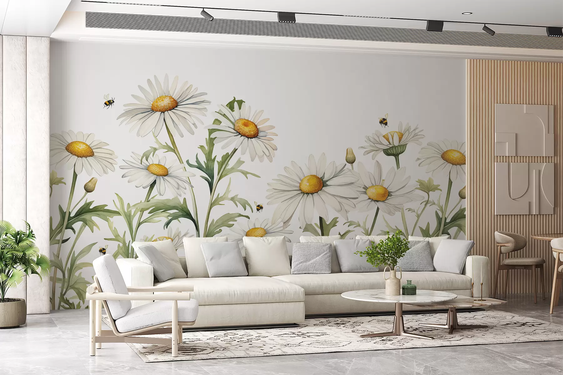 Fototapetes Zied baltas margrietiņas, lido bites ar akvareļu augu ilustrāciju, zaļa, balta, dzeltena krāsa w01176