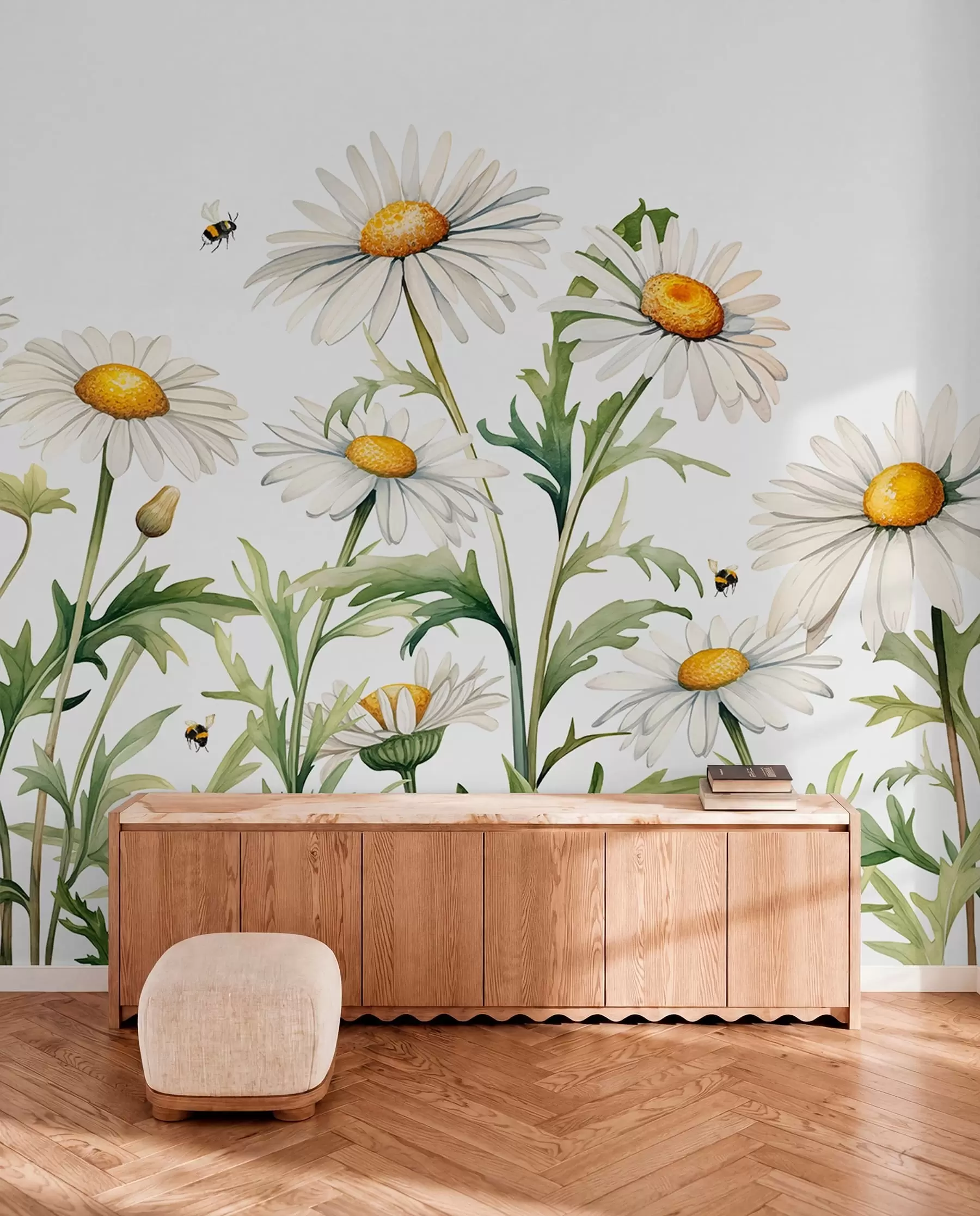 Fototapetes Zied baltas margrietiņas, lido bites ar akvareļu augu ilustrāciju, zaļa, balta, dzeltena krāsa w01176