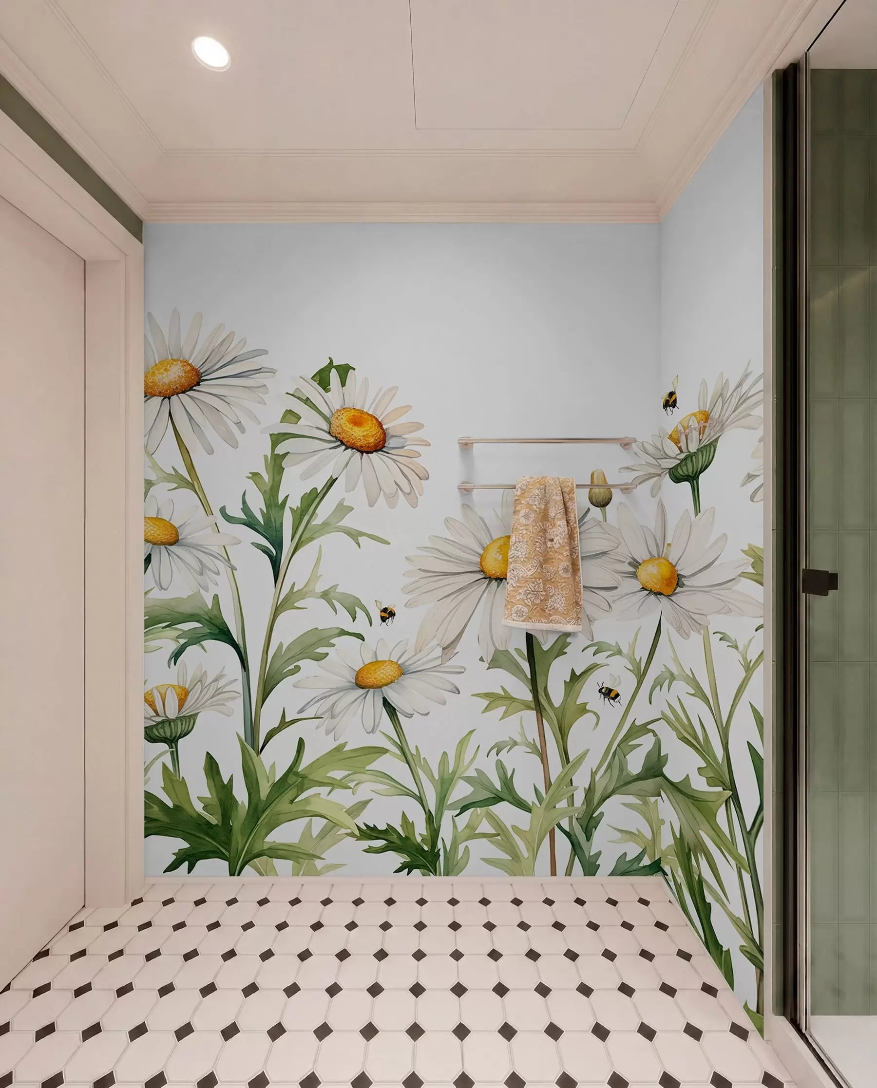 Fototapetes Zied baltas margrietiņas, lido bites ar akvareļu augu ilustrāciju, zaļa, balta, dzeltena krāsa w01176