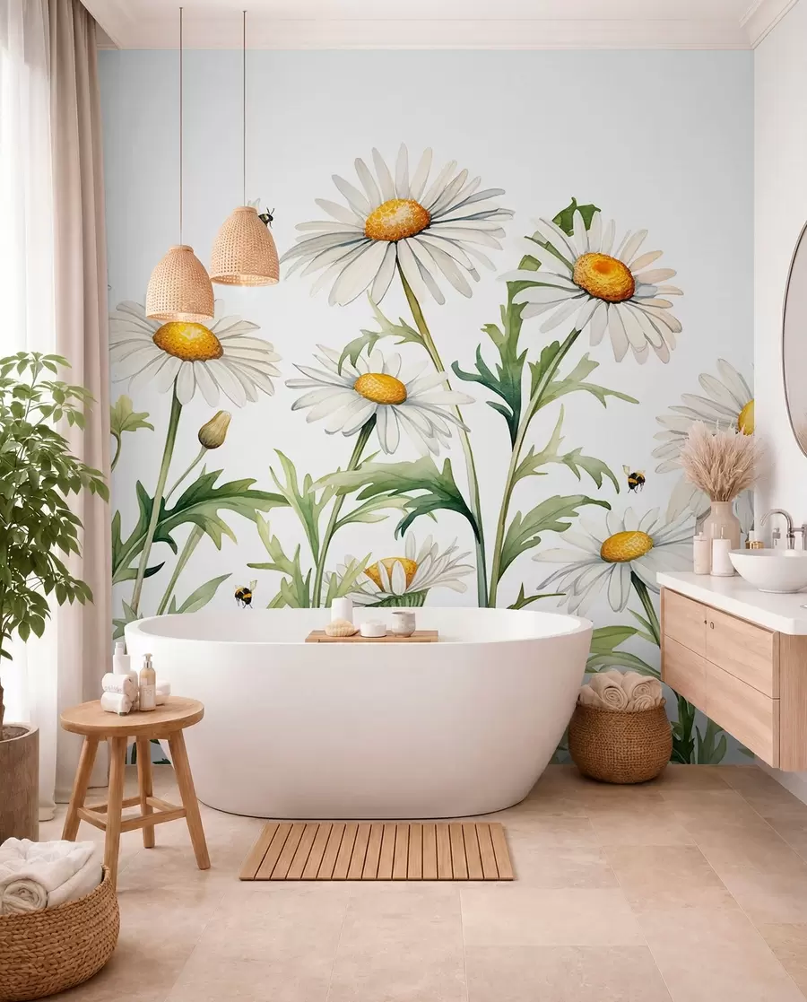 Fototapetes Zied baltas margrietiņas, lido bites ar akvareļu augu ilustrāciju, zaļa, balta, dzeltena krāsa w01176