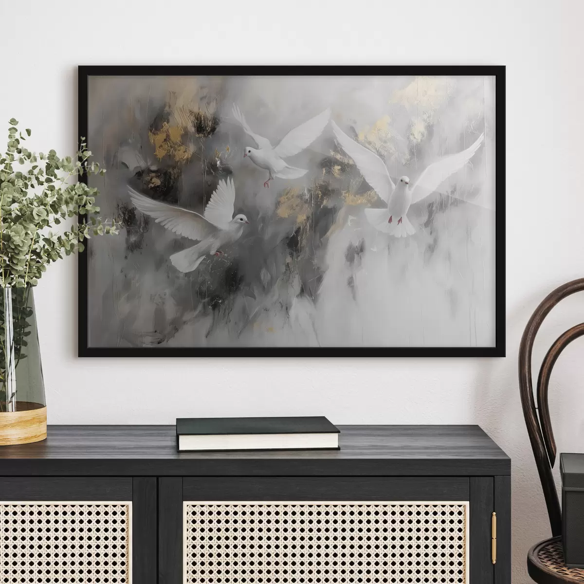 Plakāts Balti baloži uz pelēka fona f39101